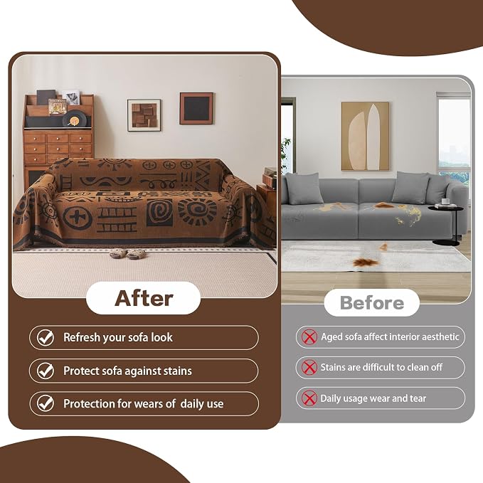 DREAMINGO Brown Japandi Couch Cover Boho Tribal Jacquard Sofa Covers for 3 Cushion Couch Thick Soft Chenille Living Room Furniture Futon Sectional Sofa Slipcovers Washable, XX-Large 71"x150" - Image 5