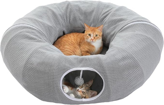 PEQULTI Cat Donut Tunnel with Bed for Indoor Cats, Cat Play Tunnel with Washable Soft Plush Mat, Round Tube Toys Cute Tube for Kittens, Puppies, Rabbits and Ferrets, Grey by PEQULTI