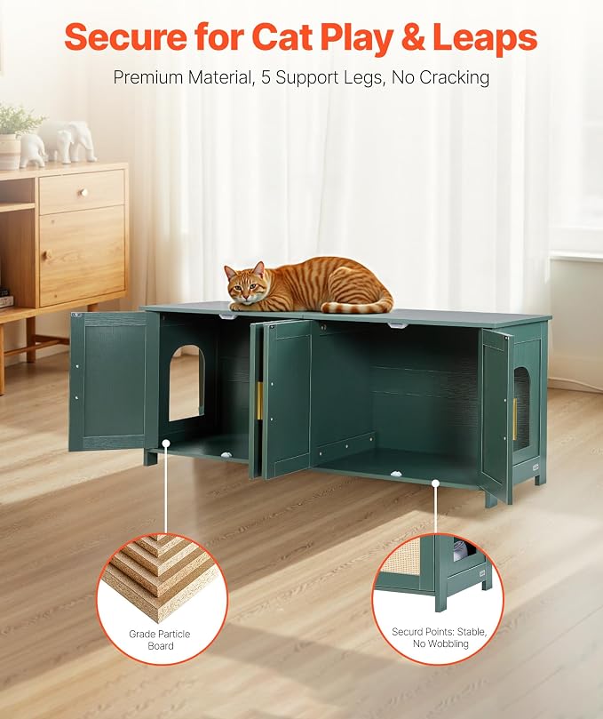 VEVOR Cat Litter Box Enclosure for Multi Cats, 47.2 in Hidden Litter Box Cabinet with 4 Rattan Doors & 2 Entries, Indoor Cat Washroom, Wooden Kitty House Furniture, Fit Most Litterboxes, Green - Image 3