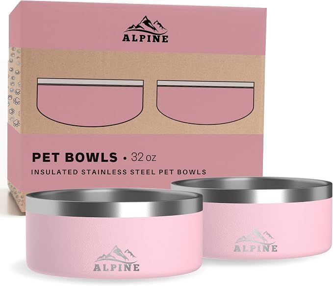 Alpine Set of 2 Stainless Steel Dog Bowls, Non Slip, Metal Pet Bowl for Food and Water, Double Walled Insulated, Rustproof, Dishwasher Safe- 32 Ounces- Pink (AB) by Unknown