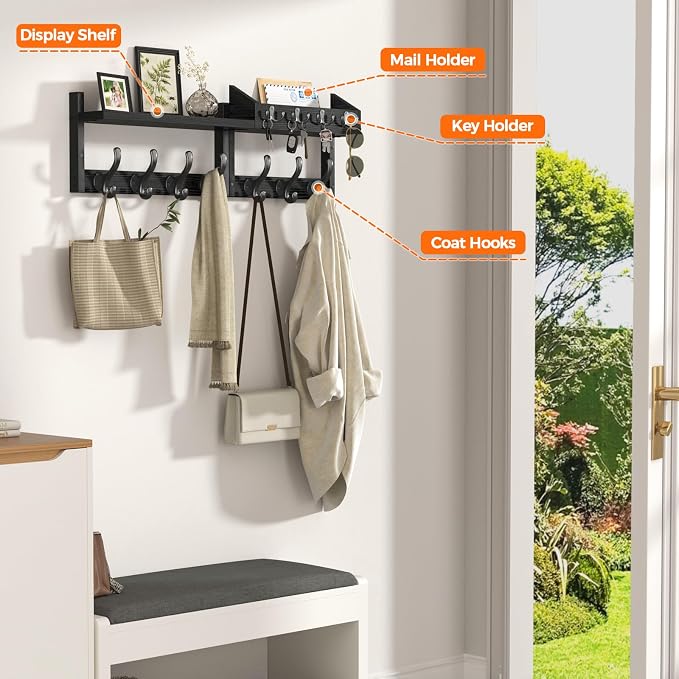 Evermagin 29" Coat Rack Wall Mount with Shelf for Entryway, Black | Wall Mounted Coat and Key Rack with Hooks, Key Holder with Mail Organizer for Wall, Living Room, Mudroom, Bedroom - Image 4