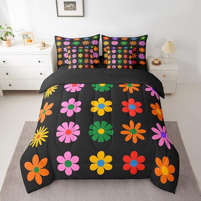 Feelyou Cute Flower 7 Piece Bedding Set Queen Size Colorful Flower Comforter Set with Sheets for Kids Boys Girls Black Colorful Bed in a Bag Kawaii Theme Bed Set - Image 6