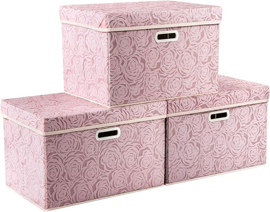 PRANDOM Larger Collapsible Storage Boxes with Lids Fabric Decorative Bins Cubes Organizer Containers Baskets Handles Divider for Bedroom Closet Living Room Pink 17.7x11.8x11.8 Inch 3 Pack by Prandom