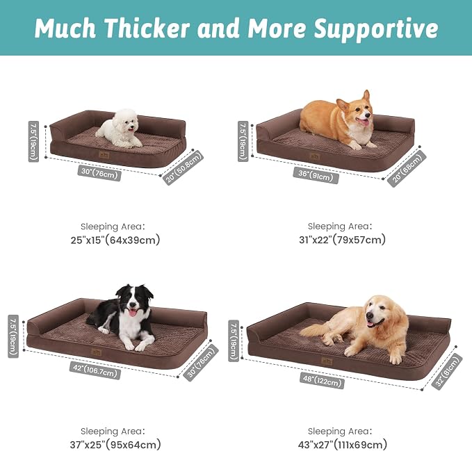 COZY KISS Orthopedic Dog Bed for Large Size Dog, XL Dogs Crate Bed, L Shaped Foam Anti-Slip Bottom Pet Cat Sofa with Washable Removable Cover, Suitable for Pet Up to 100 lbs, 42x30x7.5 inch, Brown - Image 3