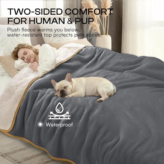 Luciphia Waterproof Pet Blanket, Liquid Pee Proof Dog Blanket for Sofa Bed Couch, Reversible Sherpa Fleece Furniture Protector Cover for Small Medium Large Dogs Cats, Grey+Beige Medium（57" x 40"） - Image 5