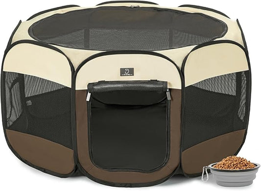 Portable Indoor Dog Playpen for Small Dogs & Puppies by A 4 Pet – 40.55" Pop-Up Soft Puppy Playpens with Bowl, Waterproof Floor, Calm Safe Space for Home, Travel & Daily Use
