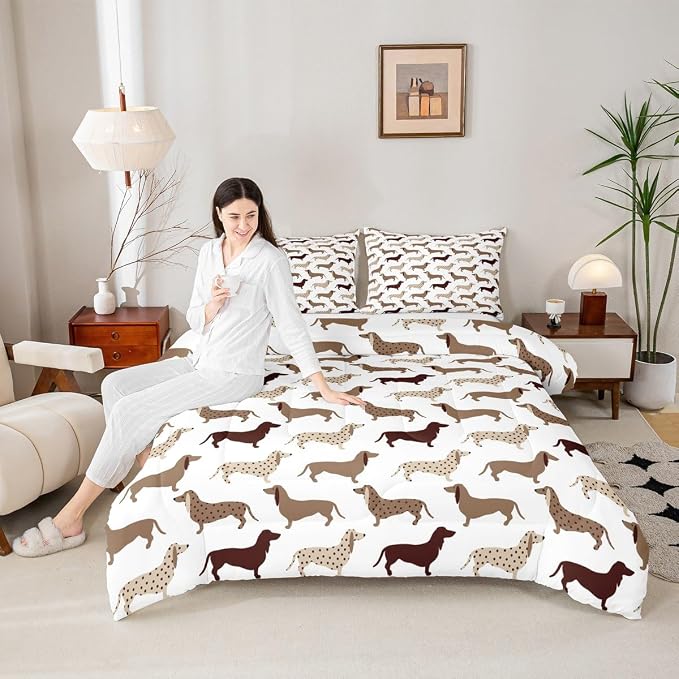 Feelyou Cartoon Dog Print Comforter,Puppy Animal Bedding Bed Set,Cute Dachshund Kawaii Comforter Set for Teens Kids Boys Girls Adults Decor,Brown Quilt Collection 2Pcs Twin Size Boys - Image 5