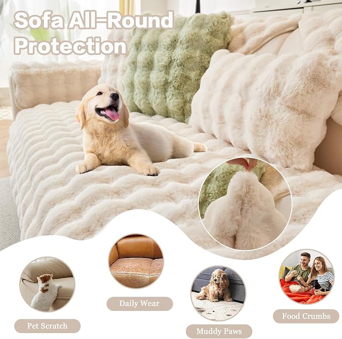 DREAMINGO Faux Fur Couch Backrest Cover, Soft Plush Sofa Covers for Pet Washable, Non Slip Furniture Protector for 2-3 Cushion Couch Sofa, 35.4x35.4 Inch, Beige - Image 5