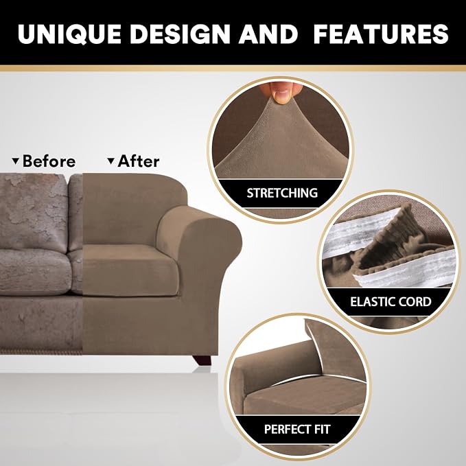 PrinceDeco Couch Cover Velvet Plush Sofa Covers for 2 Cushion Couch Width Up to 90 Inch Washable Furniture Protector Pet Friendly No Slip Sofa Slipcover(Medium-Large, Mocha) - Image 6