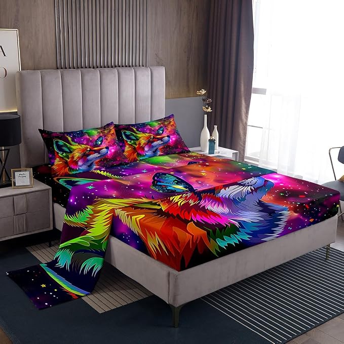 Fox Print Sheet Set Queen Size Cartoon Fox Butterfly Bed Sheets for Kid Girl Boys,3D Animal Theme Colorful Galaxy Painting Fitted Sheet,Starry Sky Flat Sheet Home Room Decor with 2 Pillow Cases by Erosebridal