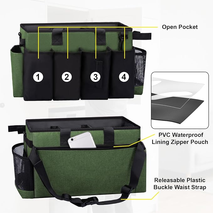 Wearable Large Cleaning Caddy Bag for Housekeeper, Clean Supply Organizer with Adjustable Shoulder, Waist & Handle Straps, Detailing Bag for Kitchen Supplies (Green) - Image 3