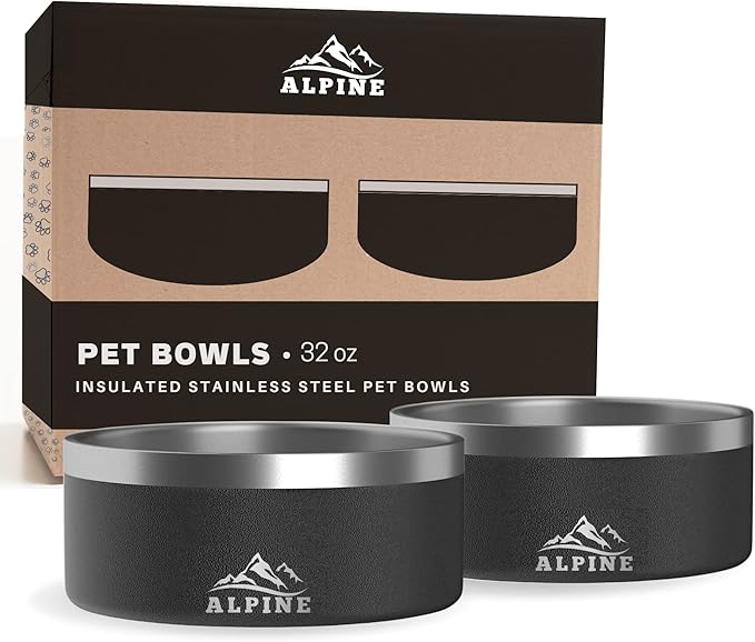 Alpine Set of 2 Stainless Steel Dog Bowls, Non Slip, Metal Pet Bowl for Food and Water, Double Walled Insulated, Rustproof, Dishwasher Safe - Black (AB) by Unknown
