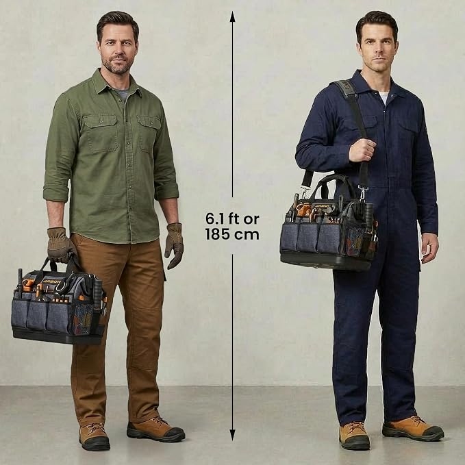 Arbon Electrician Tool Bag, Heavy Duty Tool Organizer, 34 Pockets, 52+ lb | Large storage for men, 5-layer reinforced walls, metal frame, hard molded base, water resistant polyester PP plastic, gray - Image 9