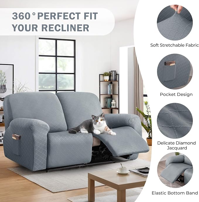 vctops Diamond Recliner Loveseat Slipcover 6-Pieces Stretch Dual Recliner Sofa Covers for 2 Seat Dual Reclining Loveseat Couch Soft Solid Furniture Protector (Light Grey,2 Seat) - Image 4