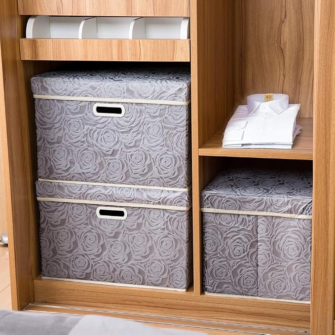 PRANDOM Large Storage Boxes with Lids [5-Pack] Fabric Decorative Storage Bins Cubes Organizer Containers Baskets with Handles for Closet Grey 17.5x11.8x11.8 In For 6+ Year Old Boys and Girls - Image 3