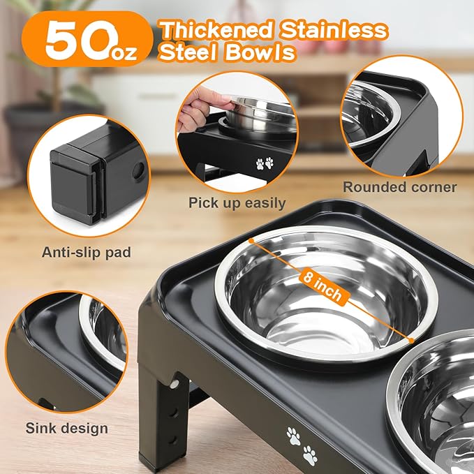 COMESOON Elevated Dog Bowls, 4 Height Adjustable Raised Bowl Stand with 2 Thick 50oz Stainless Steel Food Bowls Non-Slip Feeder Adjusts to 3.7'', 9.2'', 10.75'', 12.36'' Black, (DB-W01) - Image 4