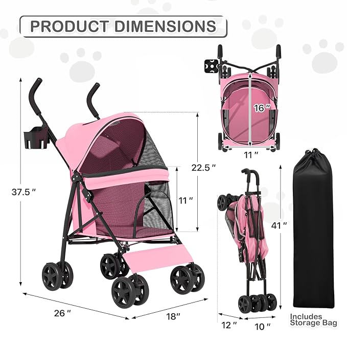 MoNiBloom 4 Wheels Pet Stroller, Easy-Fold Puppy Cage Jogger Stroller with Sun Cover, Pad and Rear Storage Bag, Breathable and Visible Mesh for Small/Medium Pets up to 22 lbs, Pink