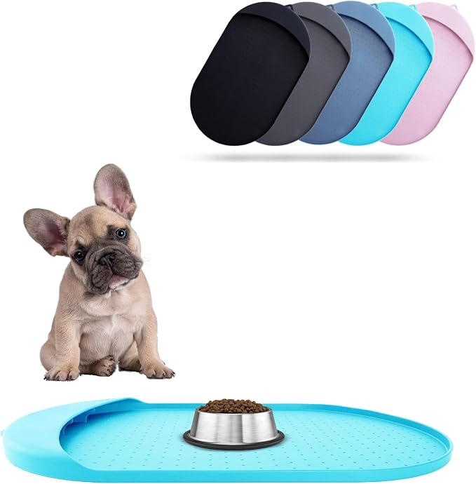Large Silicone Pet Feeding Mat - 29' x 16.6' Waterproof Dog/Cat Bowl Mat - Residue Collection Pocket - High Edges, Light Blue by ORA+SHOP