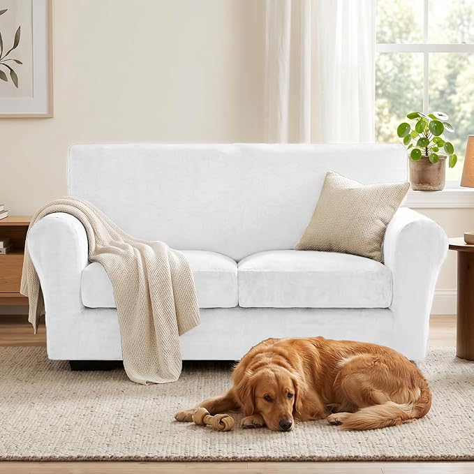 XINEAGE 3-Piece Velvet Loveseat Sofa Cover, Couch Covers for Dog,White | 2 Cushion Loveseat,Stretch Non-slip Elastic, Pet-friendly, Washable, Fast Setup, Soft Plush Fabric, Furniture Protector. - Image 4