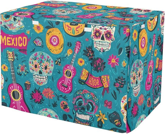 Dog Crate Cover Kennel Cover for Dog Cages Breathable for Wire Cage Indoor Outdoor Teal Fiesta Mexico Skulls Guitars by QwThum