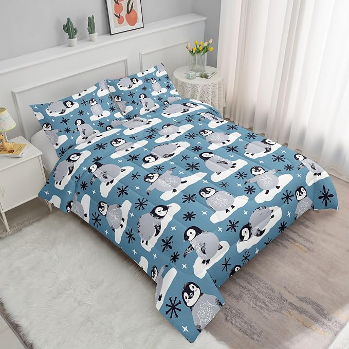 Cartoon Penguin Comforter Set Antarctica Animals Wildlife Printed Bedding Set with 1 Comforter and 2 Pillowcases for Boys and Girls Bedroom All Season(Penguin Full) - Image 2