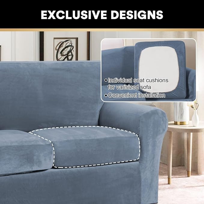 PrinceDeco Velvet Couch Covers for Sofa Soft 4 Pieces Covers for 3 Cushion Couch Sofa Pet Friendly Furniture Protector with Non Slip Elastic Bottom Width Up to 97 Inch (Large Sofas, Stone Blue) - Image 5