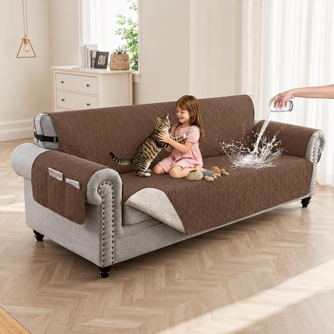 100% Waterproof Quilted Couch Cover,Straps&Pockets,78" Darkbrown | Washable sofa cover, pet-friendly, scratch-resistant furniture protector, quilted sofa cover, reversible, non-slip backing. by Unknown