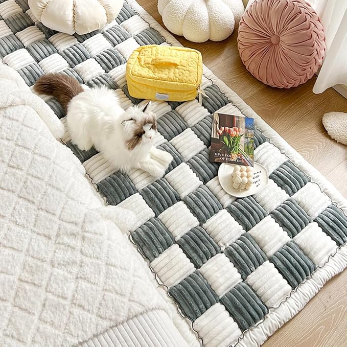 Fluffy Couch Cover for Pets - Large Cream-Coloured Fuzzy Plaid Square Pet Mat Bed Couch Cover Protector - Bay Window Cushion Bedside Carpet (Blue, 19.7 * 19.7in) - Image 4