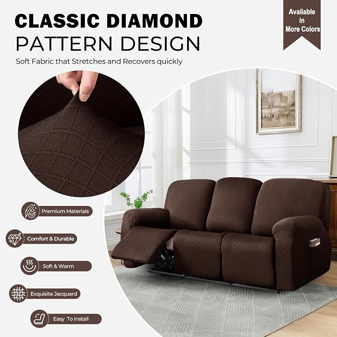 vctops Diamond Recliner Sofa Covers 8-Pieces Stretch Large Couch Covers for 3 Seats Reclining Slipcovers Soft Solid Furniture Protector (Dark Coffee,3 Seat) - Image 3
