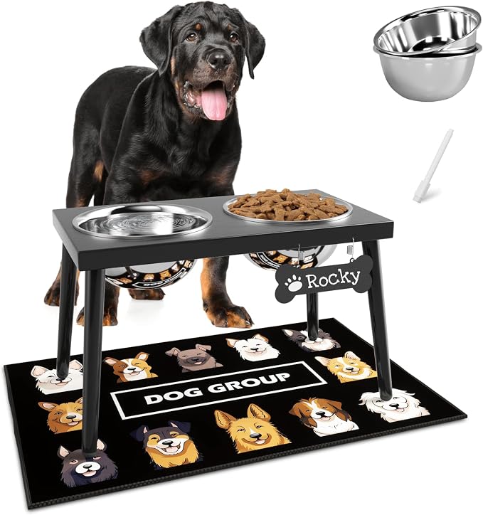 ADENGL Metal Raised Dog Bowl Stand for Large and Medium Dogs, Stronger Elevated Dog Bowls with Sprill Proof Mat, Pet Food & Water Bowls 10" Tall Dogs Feeder (58OZ-Stainless Steel Pet Bowl, Mat-16x24) by ADENGL