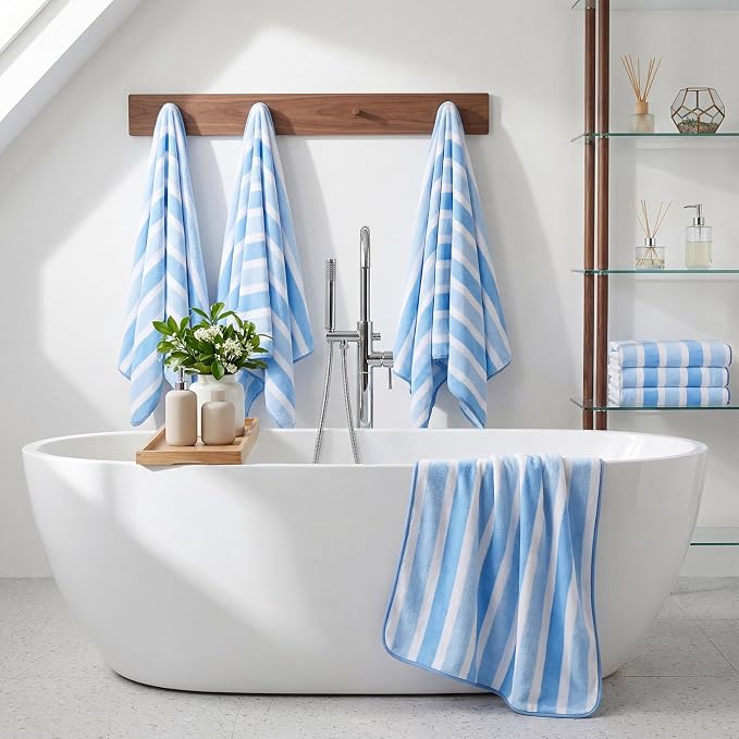 SmoothNovelty 16 Pack Microfiber Bath Towels Bulk 27'' x 60'' Oversized Size Bath Towel Highly Absorbent Extra Large Soft Drying for Beach Shower Summer Salon Sport Gym Party (Wide Stripes,Blue) - Image 6