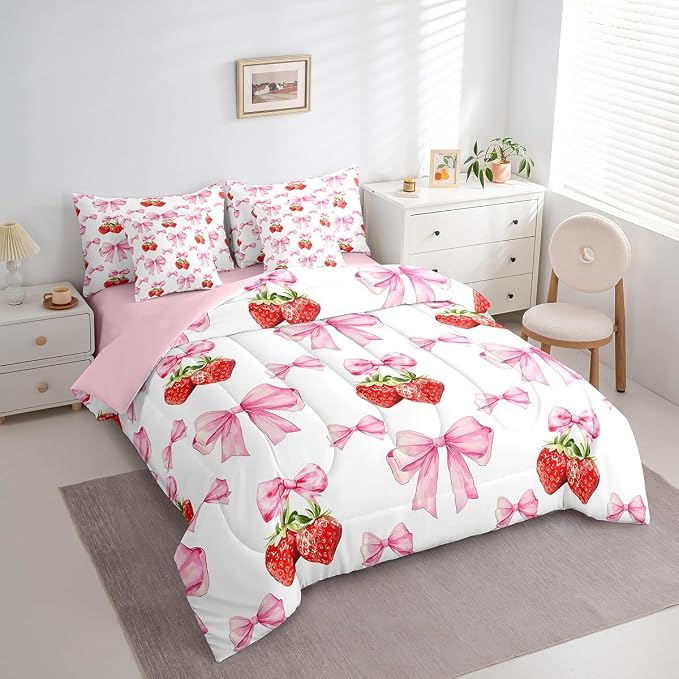 Erosebridal 7 Piece Pink Bowknot Queen Bedding Set for Girls Women,Red Strawberry Fruit Kids Comforter Set for Teens Children,Romantic Valentine Bow Print Duvet Set,Dreamy Princess Style Sheet Set - Image 3