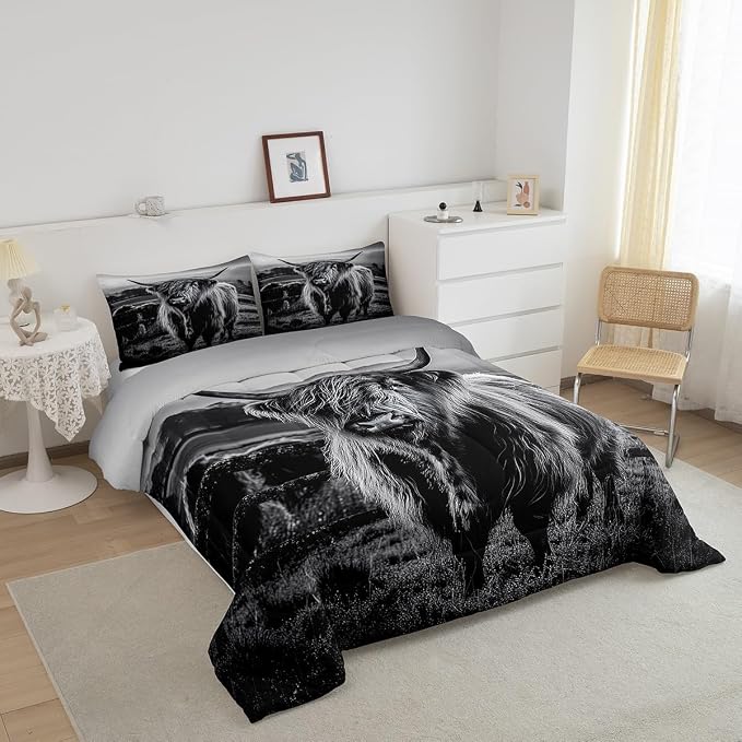 Highland Cow Bedding Set King Size Grey Bull Cattle Comforter Set Funny Farmhouse Wildlife Animal Duvet Set for Kids Boys Girls Teens Western Cowboy Style Down Comforter Adult Bedroom Decor - Image 3