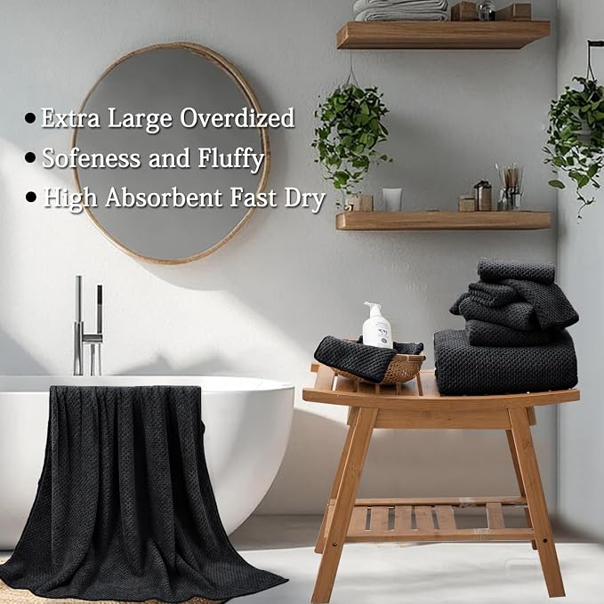 8-Piece Black Bath Towels Set,2 Oversized Large Bath Towels Sheet,2 Hand Towels and 4 Washcloths - 600 GSM Soft Luxury Towel Set,Highly Absorbent Quick Dry Towel Collection for Bathroom,Hotel and Spa - Image 4