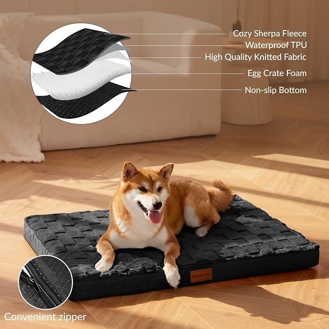 Patas Lague Orthopedic Large Dog Bed Washable Pet Crate Mat 36''X24'' Black | Egg-Crate Foam Dog Couch For Large Sized Dogs, Waterproof Removable Cover, Soft Pet Bed With Nonskid Bottom - Image 3
