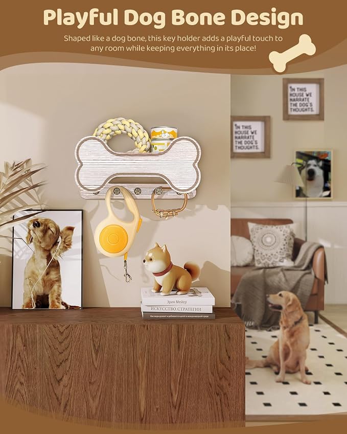 Decorative Dog Leash Holder for Wall - Creative Doggie Bone Shape Key Holder Wall Mount with Dog Stuff Storage Shelf & 5 Cute 3D Puppy Paw Hooks - Ideal for Room Decor (White) - Image 2