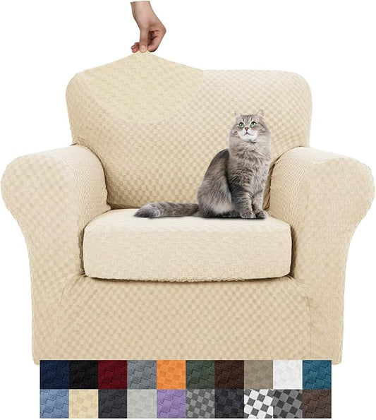 YEMYHOM Latest Checkered 2 Pieces Chair Covers for Living Room High Stretch Thickened Chair Slipcovers with Arms Anti Slip Elastic Armchair Sofa Couch Slipcover Protector (Beige), 31"-46"(1 Cushion) by YEMYHOM