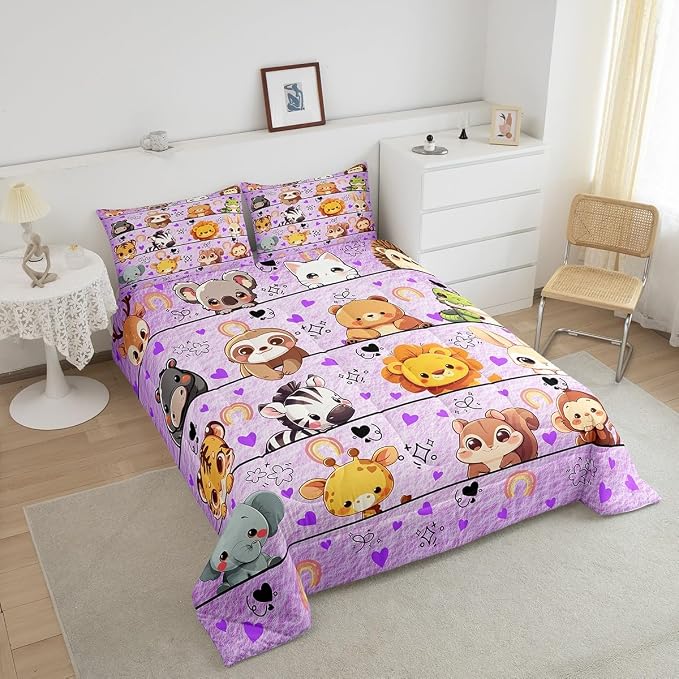 Manfei Kawaii Animals Comforter Set King Size,Kids Gifts Cartoon Purple Down Alternative Adults Bedroom Decor,Cute Wildlife Giraffe Lion Ultra Soft Microfiber Inner Fill 3Pcs Bedding - Image 3