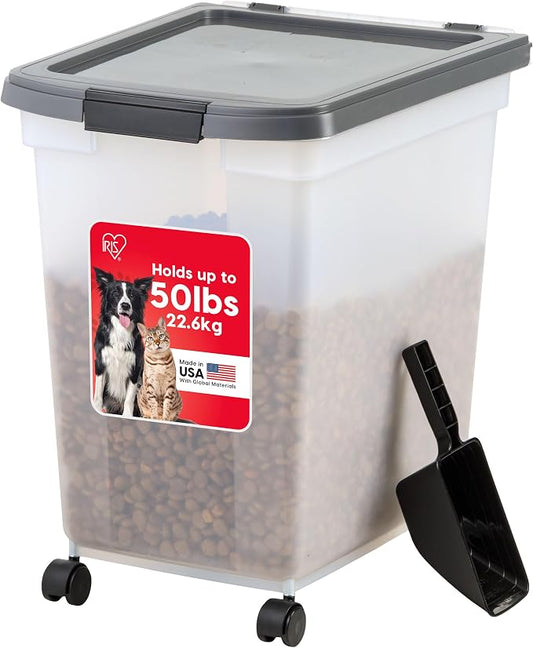 IRIS USA Dog Food Storage Container 50 lbs, with Removable Rolling Wheels & Included Scoop, for Dog Cat Bird and Other Pets, Food Storage Bin, Keep Fresh, Made in USA, Clear/Dark Gray by IRISUSA