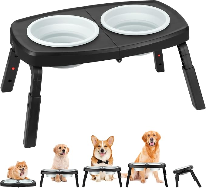 Adjustable Elevated Dog Bowls Stand – 4-Level Height Portable Feeder with Collapsible Silicone Bowls, Non-Slip Base for Medium & Large Dogs – Travel Dog Bowl & Water Dish by Petvillage
