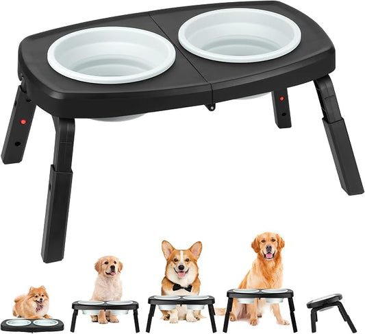 Adjustable Elevated Dog Bowls Stand – 4-Level Height Portable Feeder with Collapsible Silicone Bowls, Non-Slip Base for Medium & Large Dogs – Travel Dog Bowl & Water Dish by Petvillage
