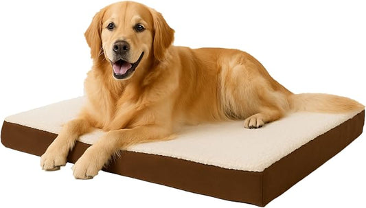 Orthopedic Dog Bed - 2-Layer Memory Foam Crate Mat with Machine Washable Sherpa Cover - 36x27 Pet Bed for Large Dogs Up to 65lbs by PETMAKER (Brown) by PETMAKER
