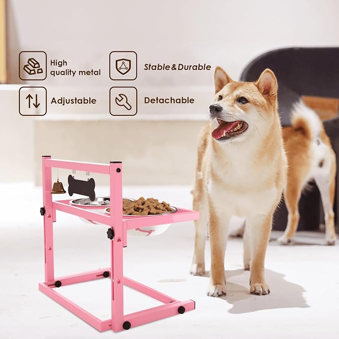 SHAINFUN Elevated Bowls for Small and Medium Dogs, Raised Stand With 2 Stainless Steel Food & Water Bowls, Adjustable Height Feeder for Puppy & Cats, Cute Pink - Image 3