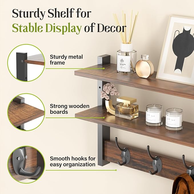Two-Tier Wall Shelf with Hooks, 17" Coat Rack Wall Mount with Shelf, Key Hooks for Wall with Heavy Duty Double Hooks, Coat Hook Wall Mounted for Bedroom, Living Room, Rustic Brown - Image 4