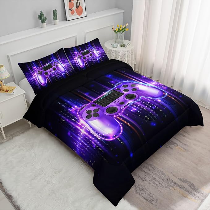 3D Gamepad Comforter Set Cool Purple Game Printed Bedding Set with 1 Comforter and 2 Pillowcases for Boys and Girls Bedroom All Season(Gamepad Queen) - Image 2