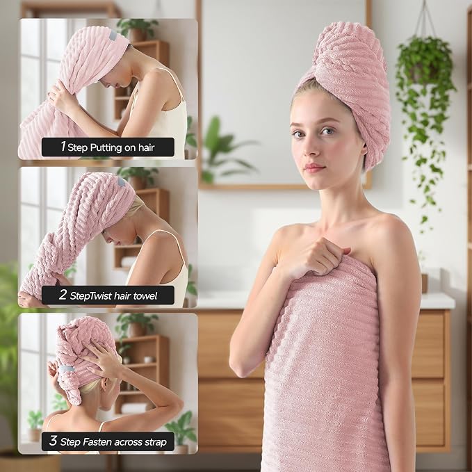 REDKISS Pink Microfiber Bath Towels Set 6 Piece - 70x35 Inches Bathroom Towels of 6 Large, Oversized Bath Towel with 2 Hair Towel Wrap, Highly Absorbent Soft Shower Towels for Bathroom, Hotel, Gym - Image 4