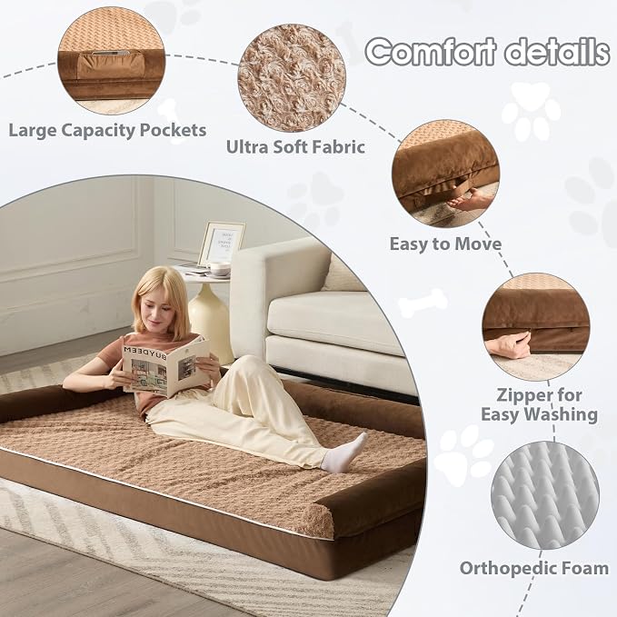 BFPETHOME Orthopedic Washable Human Dog Bed for Adult & Dog Cozy Sleep | Human Size Waterproof Big Soft Pet Couch Bed for Adult & Dogs Relax with Removable Cover Supportive Foam Brown 61x43 Inch - Image 2