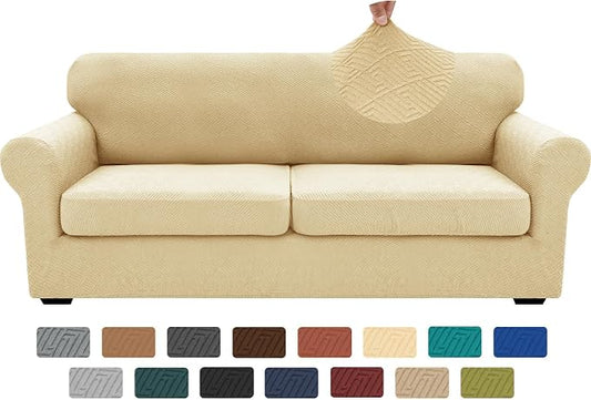 XINEAGE 2026 New 3 Pieces Couch Covers for 2 Extra Large Cushion Sofa Super Stretch Sofa Cover for 2 Large Seat Cushion Universal Loveseat Slip Cover for Living Room (Beige), 71"-91"(2 Cushions) by XINEAGE