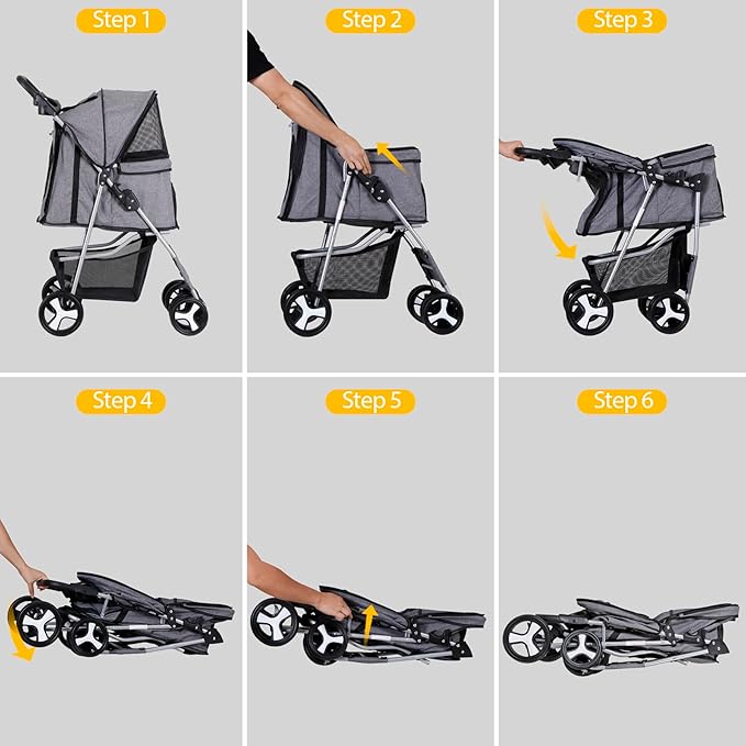 Pet Stroller 4 Wheels Dog Cat Stroller for Small Medium Dog Cats Carrier Jogger Travel Foldable Puppy with Storage Basket and Cup Holder (Grey)