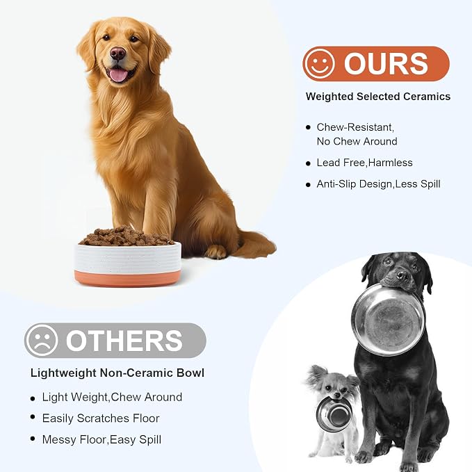 SPUNKYJUNKY Ceramic Dog Bowls 2 Pack, 8.3'' Dog Food Water Double Feeding Bowls Non-Slip for Large Sized Breed Microwave Dishwasher Safe - 60 OZ, 2pcs, Pattern White - Image 3